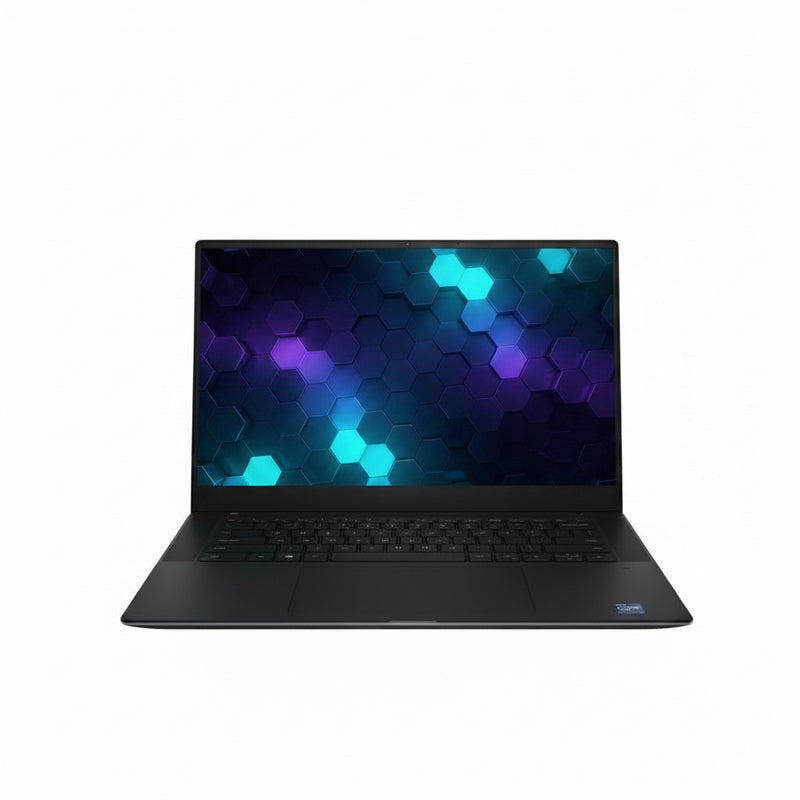 Black laptop with a colorful screen on a white background