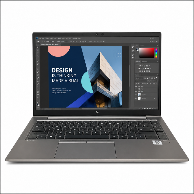 Front view of a renewed HP ZBook laptop with a 15.6-inch display showing a modern graphic design workspace, full-size keyboard, precision touchpad, and dark gray chassis on a clean white background.