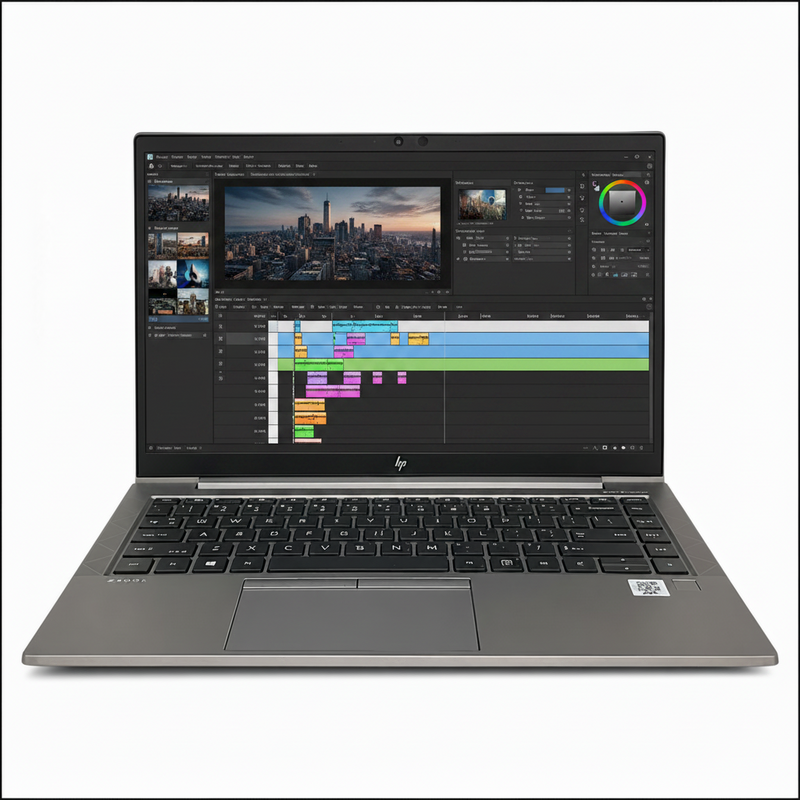 Front view of a renewed HP ZBook laptop with a 15.6-inch display showing a modern graphic design workspace, full-size keyboard, precision touchpad, and dark gray chassis on a clean white background.